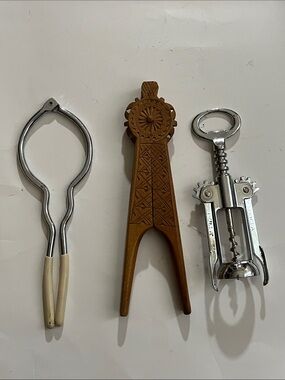 vintage jar opener wooden folk art nut cracker Bolla  Italian corkscrew opener.